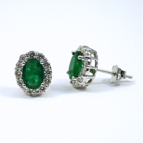 Oval Cut Emerald and Diamond Stud Halo Earrings Image 2 Joint Venture Jewelry Cary, NC