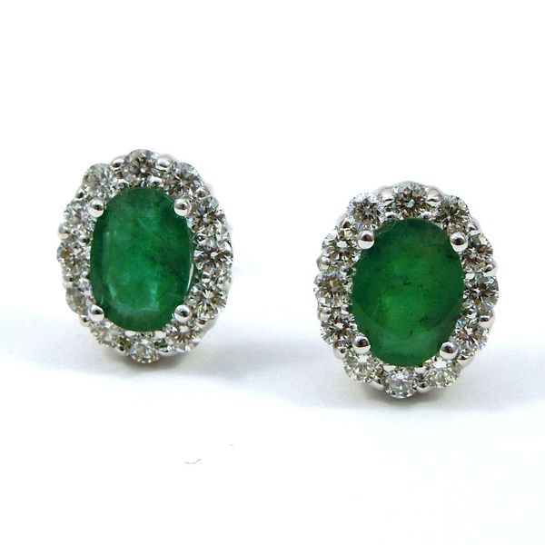 Oval Cut Emerald and Diamond Stud Halo Earrings Joint Venture Jewelry Cary, NC