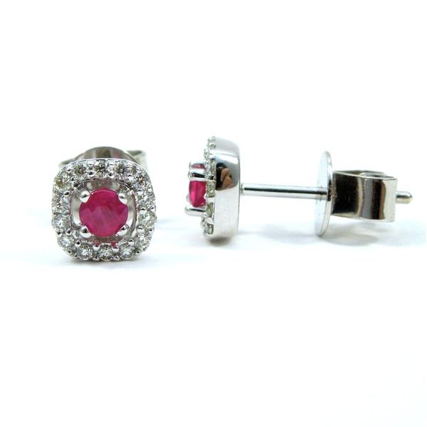 Small Ruby and Diamond Halo Stud Earrings Image 2 Joint Venture Jewelry Cary, NC