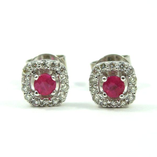 Small Ruby and Diamond Halo Stud Earrings Joint Venture Jewelry Cary, NC