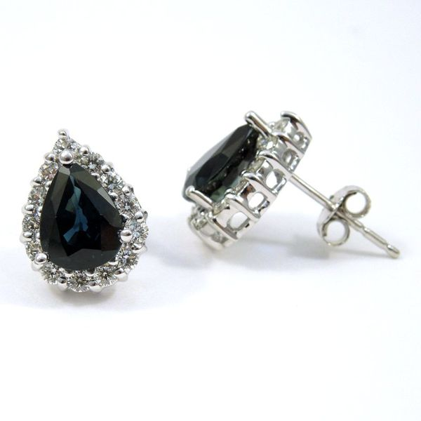 Pear Cut Sapphire and Diamond Halo Earrings Image 2 Joint Venture Jewelry Cary, NC