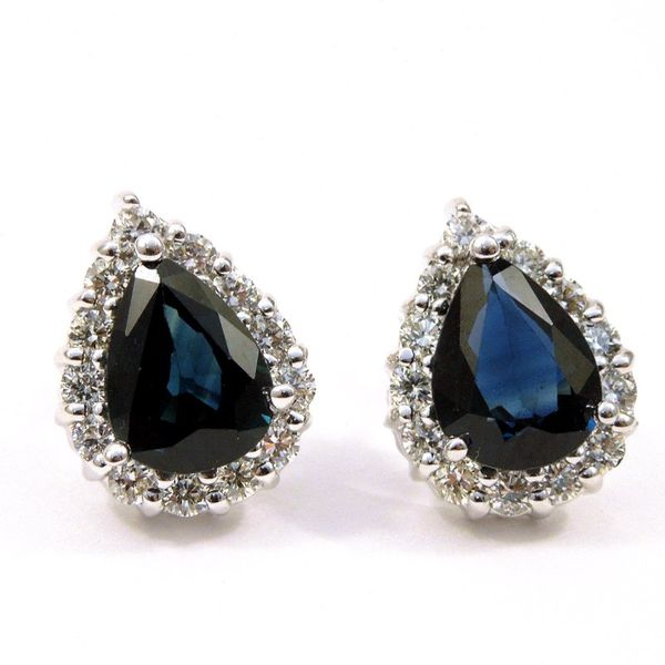 Pear Cut Sapphire and Diamond Halo Earrings Joint Venture Jewelry Cary, NC