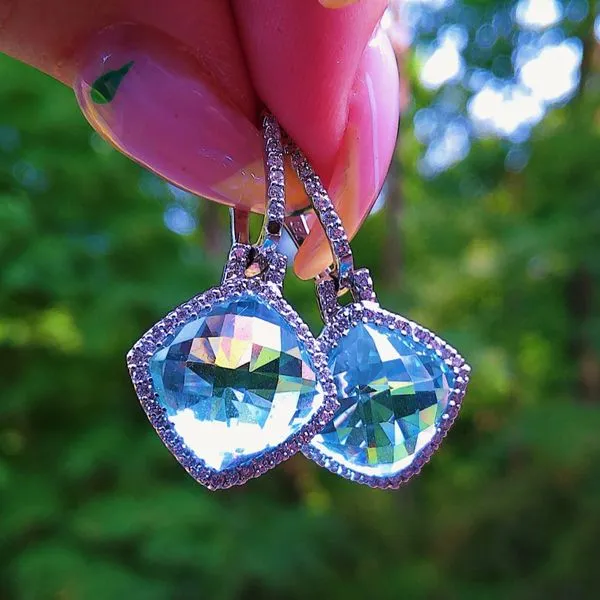 18k White Gold Sky Blue Topaz & Diamond Halo Earrings – Estate | Joint Venture Jewelry Image 3 Joint Venture Jewelry Cary, NC