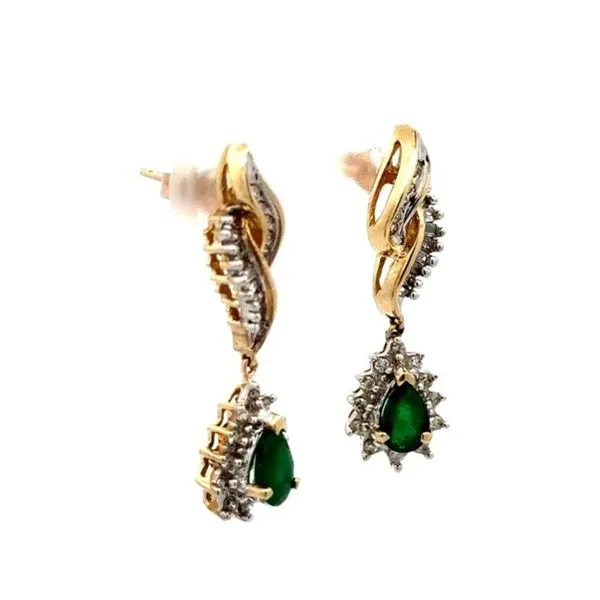 14K Yellow Gold .55 CTW Pear Cut Emerald & .50 CTW Diamond Estate Earrings Image 2 Joint Venture Jewelry Cary, NC