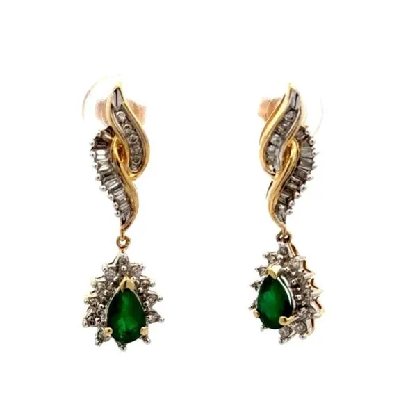 14K Yellow Gold .55 CTW Pear Cut Emerald & .50 CTW Diamond Estate Earrings Joint Venture Jewelry Cary, NC