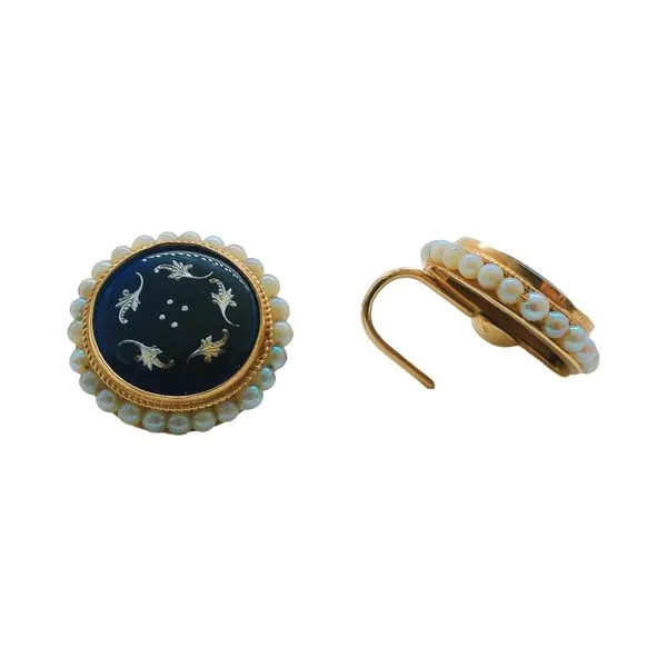 14K Yellow Gold Blue Enamel & Seed Pearl Estate Earrings Image 2 Joint Venture Jewelry Cary, NC