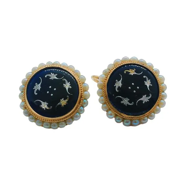 14K Yellow Gold Blue Enamel & Seed Pearl Estate Earrings Joint Venture Jewelry Cary, NC