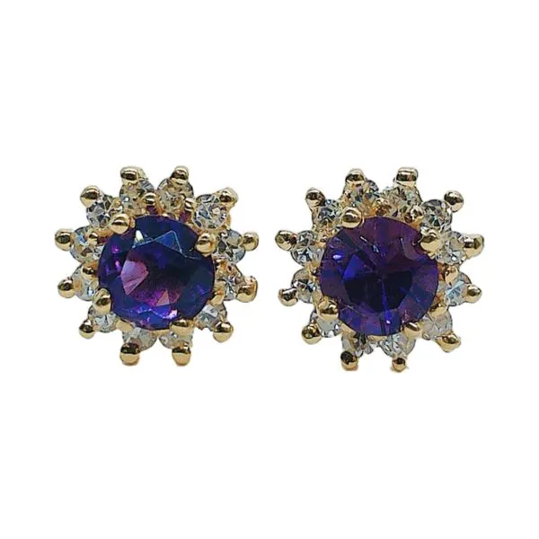 14K Yellow Gold Amethyst & Diamond Halo Stud Earrings Joint Venture Jewelry Cary, NC