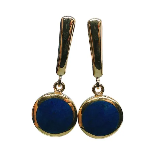 18K Yellow Gold Round Bezel Lapis Drop Earrings Joint Venture Jewelry Cary, NC