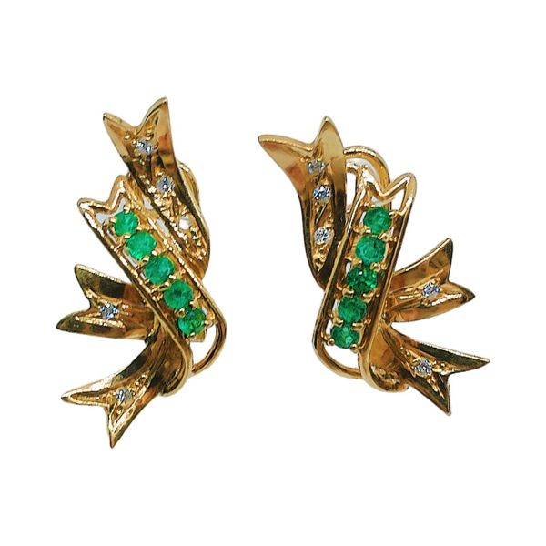 18k Yellow Gold 0.53 CTW Emerald & 0.10 CTW Diamond Estate Earrings Joint Venture Jewelry Cary, NC
