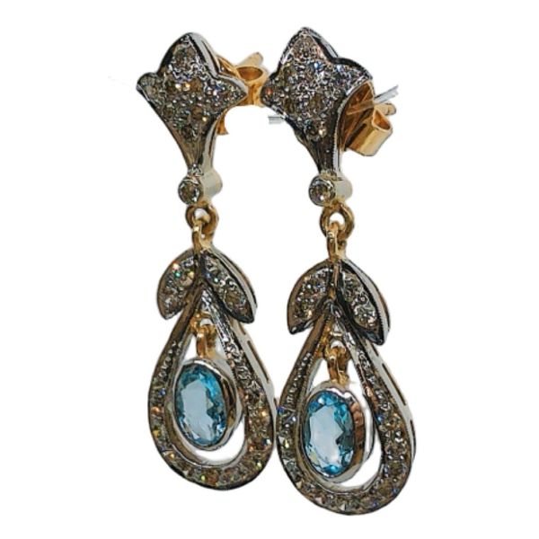 18k Two-Tone Gold 0.70 CTW Aquamarine & 0.89 CTW Diamond Estate Drop Earrings Image 2 Joint Venture Jewelry Cary, NC