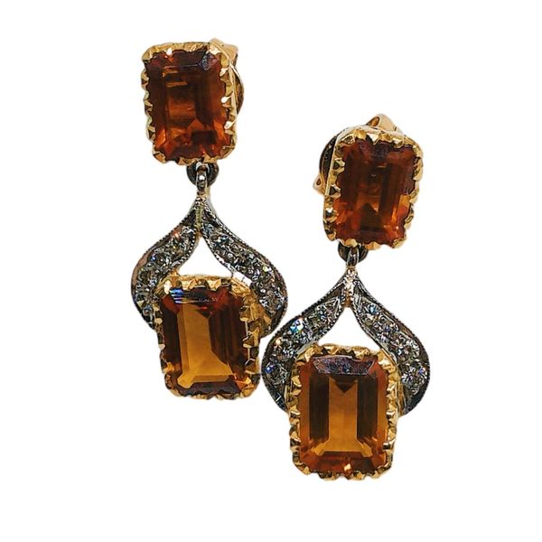 18k Yellow & White Gold 4.50 CTW Citrine & Diamond Accent Estate Drop Earrings Image 2 Joint Venture Jewelry Cary, NC