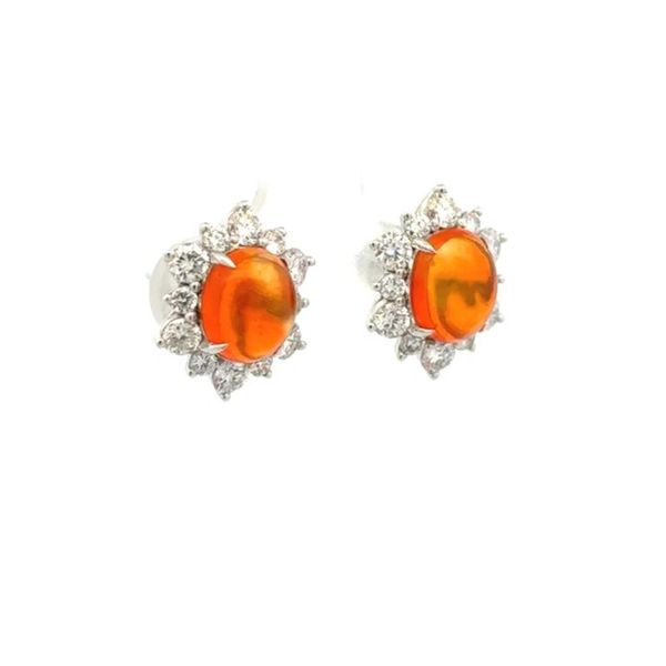 Platinum Fire Opal & Diamond Estate Stud Earrings 2.42ctw Opal 1.30ctw Diamond Image 2 Joint Venture Jewelry Cary, NC