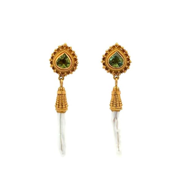 22K Yellow Gold Etruscan Peridot & Biwa Pearl Estate Drop Earrings Joint Venture Jewelry Cary, NC