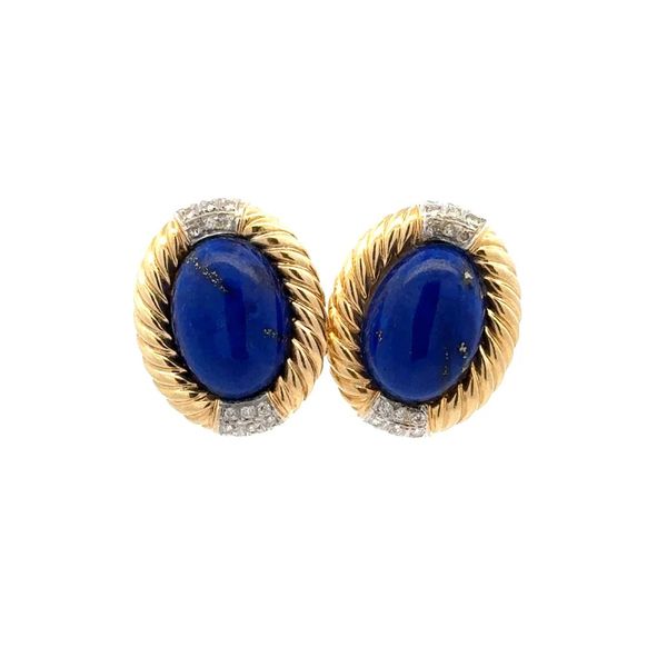 14K Yellow Gold Lapis Lazuli & Diamond Estate Rope Bezel Earrings Joint Venture Jewelry Cary, NC