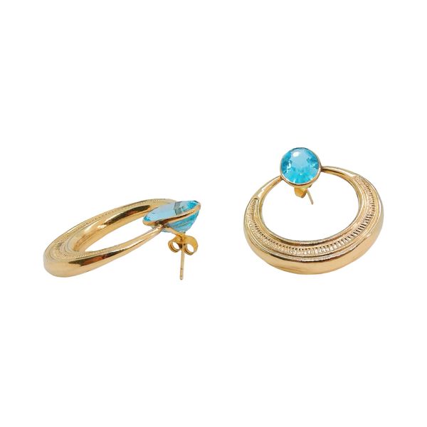 14k Yellow Gold Bezel Set Blue Topaz Hoop Style Estate Earrings Image 2 Joint Venture Jewelry Cary, NC