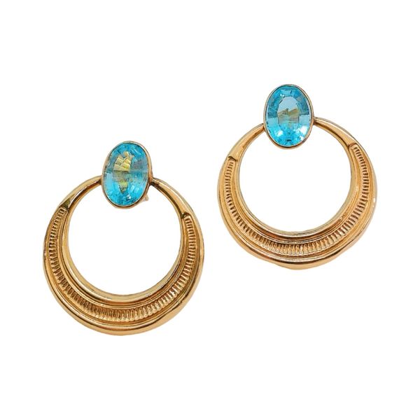 14k Yellow Gold Bezel Set Blue Topaz Hoop Style Estate Earrings Joint Venture Jewelry Cary, NC