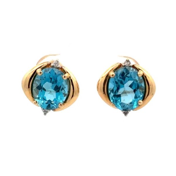 14K Yellow Gold 7.00 CTW Sky Blue Topaz & Diamond Estate Stud Earrings Joint Venture Jewelry Cary, NC