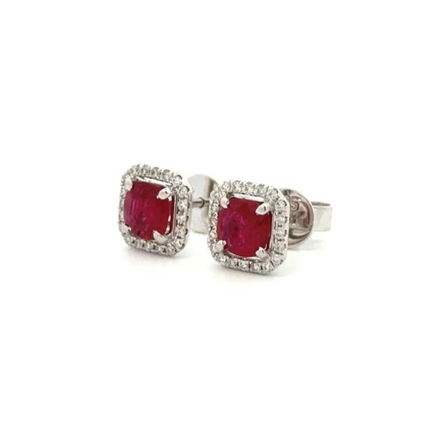 Estate 14K White Gold 1.40 CTW Cushion Ruby & Diamond Halo Stud Earrings Image 2 Joint Venture Jewelry Cary, NC