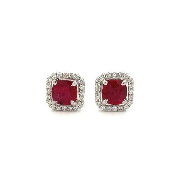 Estate 14K White Gold 1.40 CTW Cushion Ruby & Diamond Halo Stud Earrings Joint Venture Jewelry Cary, NC