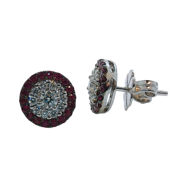 18K White Gold 0.51ctw Ruby & 0.42ctw Diamond Double Halo Stud Earrings Image 2 Joint Venture Jewelry Cary, NC