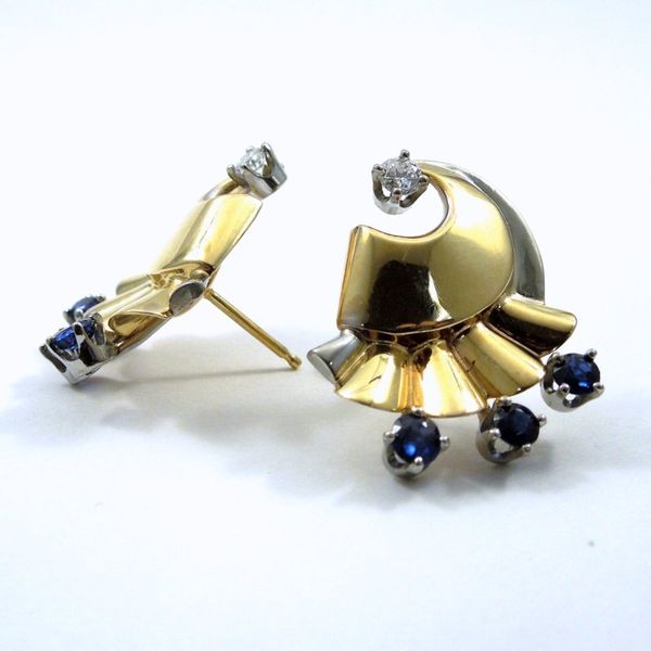 Retro Sapphire and Diamond Fan Earrings Image 2 Joint Venture Jewelry Cary, NC