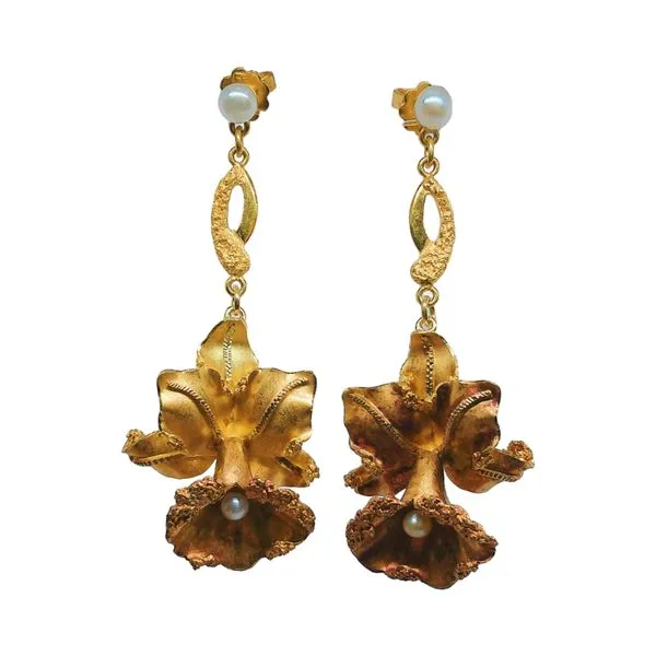18k Yellow Gold Vintage Floral Earrings with Pearl Accents Joint Venture Jewelry Cary, NC