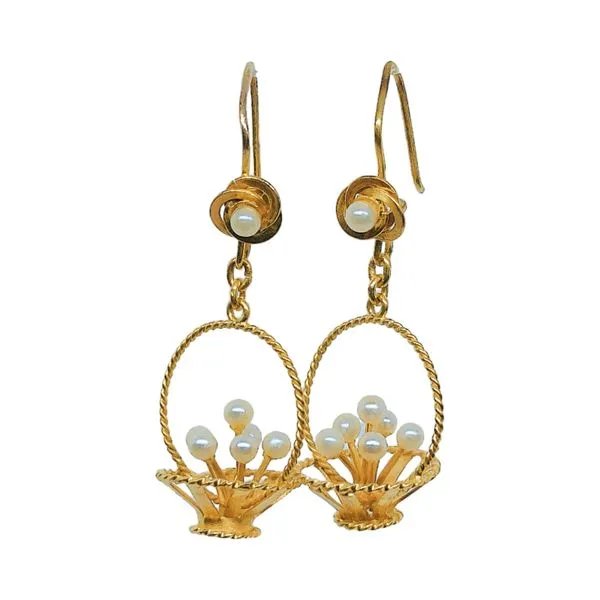 14k Yellow Gold Vintage Basket of Pearls Drop Earrings Joint Venture Jewelry Cary, NC