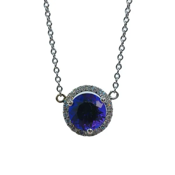 18k White Gold Amethyst & Diamond Halo Pendant Necklace Joint Venture Jewelry Cary, NC
