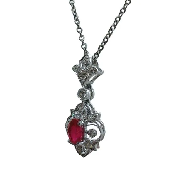 18k White Gold Ruby & Diamond Scrollwork Pendant Image 2 Joint Venture Jewelry Cary, NC