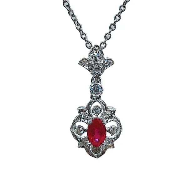 18k White Gold Ruby & Diamond Scrollwork Pendant Joint Venture Jewelry Cary, NC