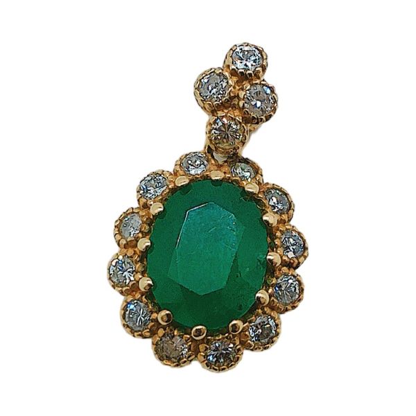 14K Yellow Gold Emerald & Diamond Halo Estate Pendant Joint Venture Jewelry Cary, NC