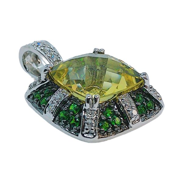 14k White Gold 4.12ct Lemon Quartz, 0.35ctw Tsavorite & 0.15ctw Diamond Estate Pendant Image 2 Joint Venture Jewelry Cary, NC