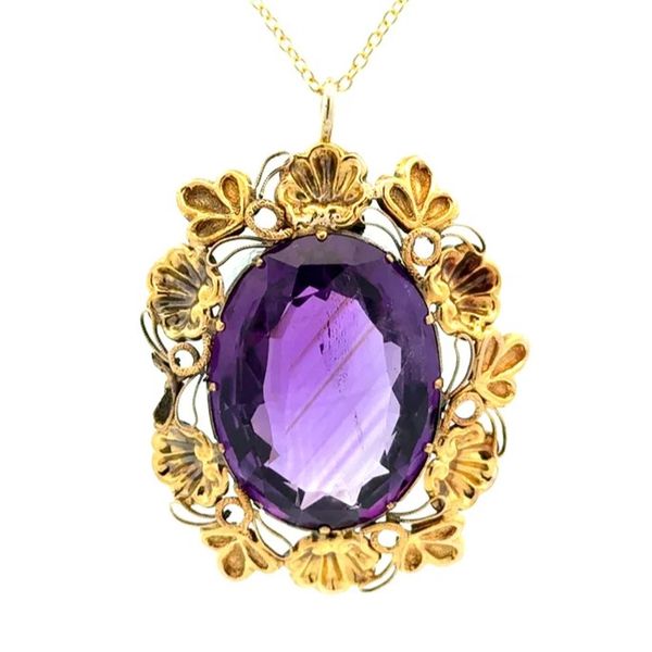 14K Yellow Gold 23CT Amethyst Arts & Crafts Estate Pendant Necklace Joint Venture Jewelry Cary, NC