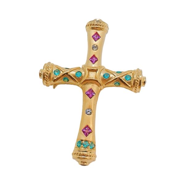 18K Gold Ruby Emerald Diamond Cross Pendant Brooch Joint Venture Jewelry Cary, NC
