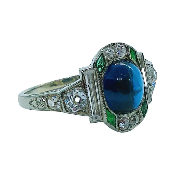 Platinum Art Deco Synthetic Blue Spinel, Diamond, White Topaz & Emerald Ring Image 2 Joint Venture Jewelry Cary, NC
