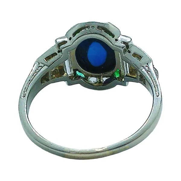 Platinum Art Deco Synthetic Blue Spinel, Diamond, White Topaz & Emerald Ring Image 3 Joint Venture Jewelry Cary, NC