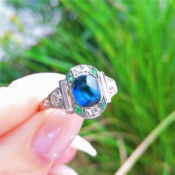 Platinum Art Deco Synthetic Blue Spinel, Diamond, White Topaz & Emerald Ring Image 4 Joint Venture Jewelry Cary, NC