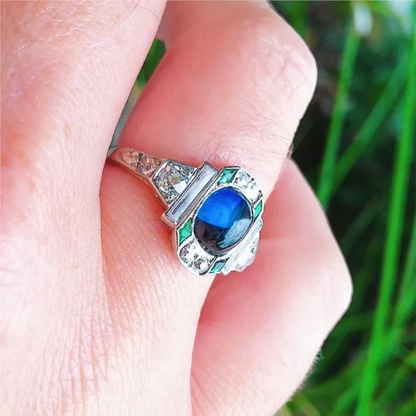 Platinum Art Deco Synthetic Blue Spinel, Diamond, White Topaz & Emerald Ring Image 5 Joint Venture Jewelry Cary, NC