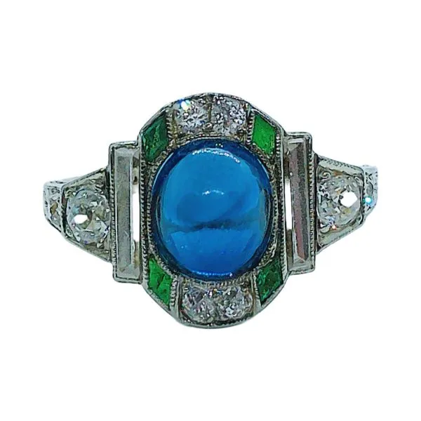 Platinum Art Deco Synthetic Blue Spinel, Diamond, White Topaz & Emerald Ring Joint Venture Jewelry Cary, NC