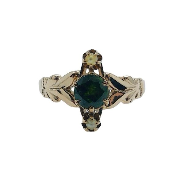 9K Yellow Gold Victorian Green Tourmaline & Seed Pearl Ring Joint Venture Jewelry Cary, NC