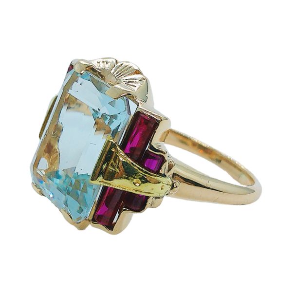 10K Yellow & Rose Gold Retro Aquamarine & Synthetic Ruby Ring Image 2 Joint Venture Jewelry Cary, NC