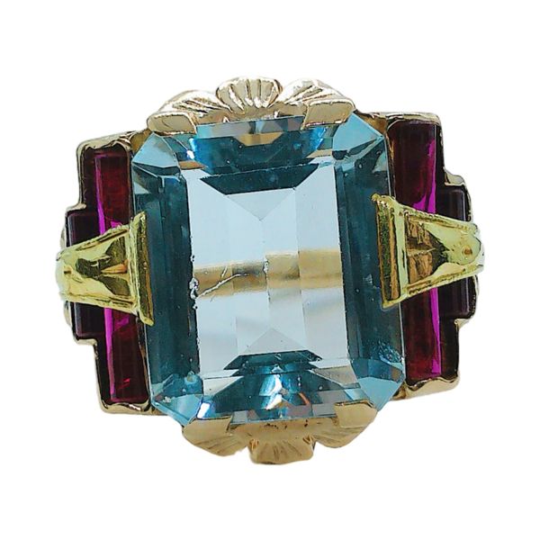 10K Yellow & Rose Gold Retro Aquamarine & Synthetic Ruby Ring Joint Venture Jewelry Cary, NC