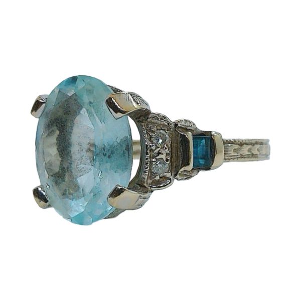 14k White Gold 3.35 CT Aquamarine Vintage Ring with Diamond & Sapphire Accents Image 2 Joint Venture Jewelry Cary, NC