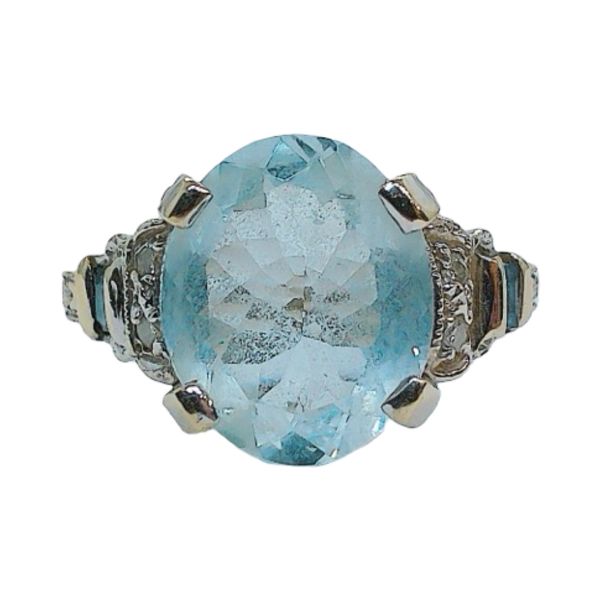 14k White Gold 3.35 CT Aquamarine Vintage Ring with Diamond & Sapphire Accents Joint Venture Jewelry Cary, NC