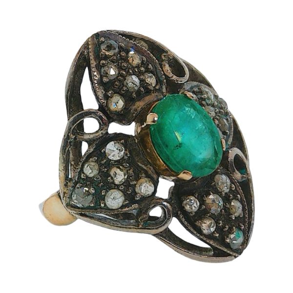 Silver & 14K Gold 1.00 Carat Emerald and 0.30 CTW Diamond Vintage Navette Ring Image 2 Joint Venture Jewelry Cary, NC