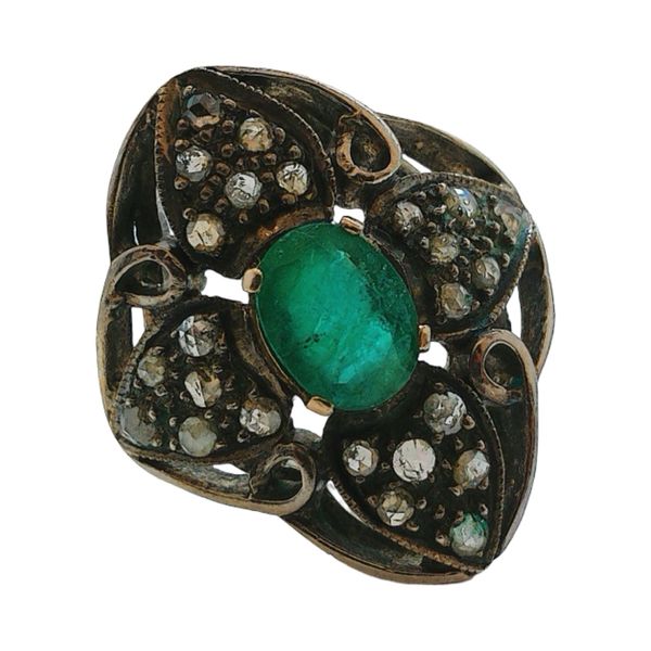 Silver & 14K Gold 1.00 Carat Emerald and 0.30 CTW Diamond Vintage Navette Ring Joint Venture Jewelry Cary, NC