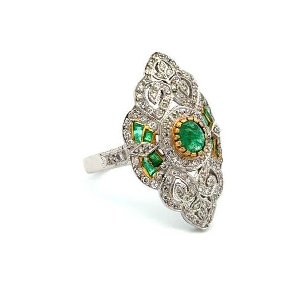 18K White Gold Art Deco Style Emerald & Diamond Navette Ring Image 2 Joint Venture Jewelry Cary, NC