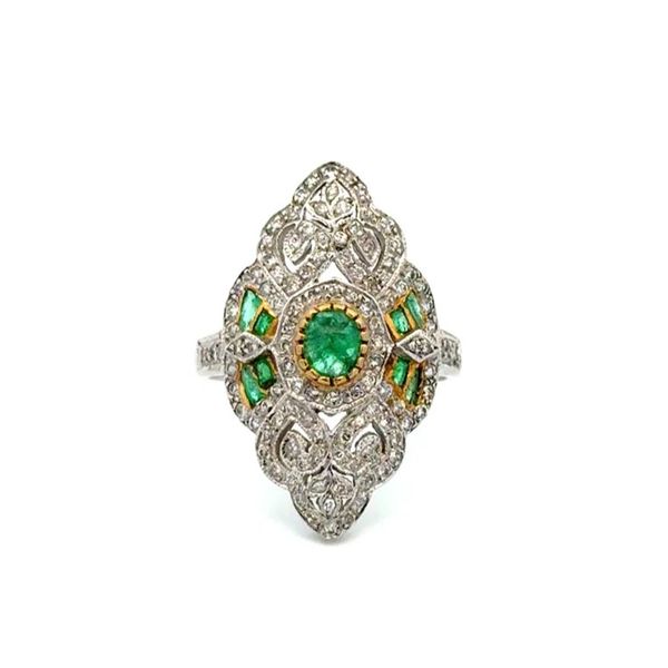 18K White Gold Art Deco Style Emerald & Diamond Navette Ring Joint Venture Jewelry Cary, NC