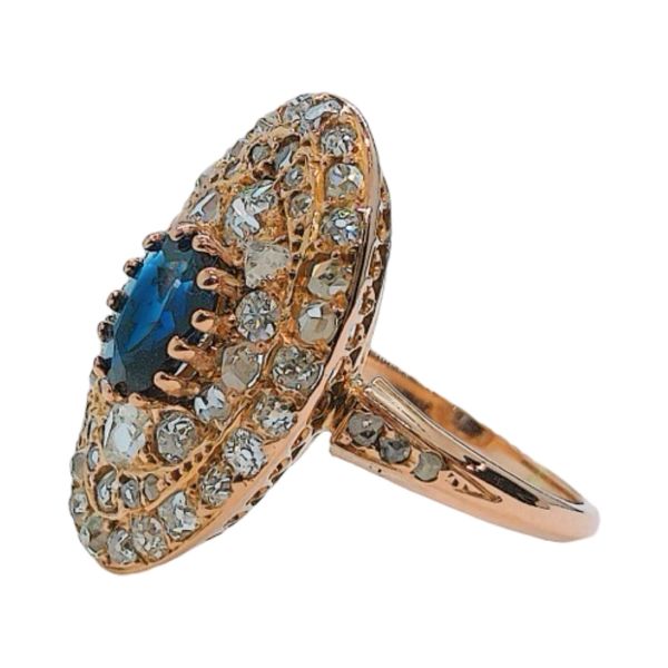 Vintage 14K Rose Gold Sapphire & 1.00ctw Diamond Navette Ring Image 2 Joint Venture Jewelry Cary, NC